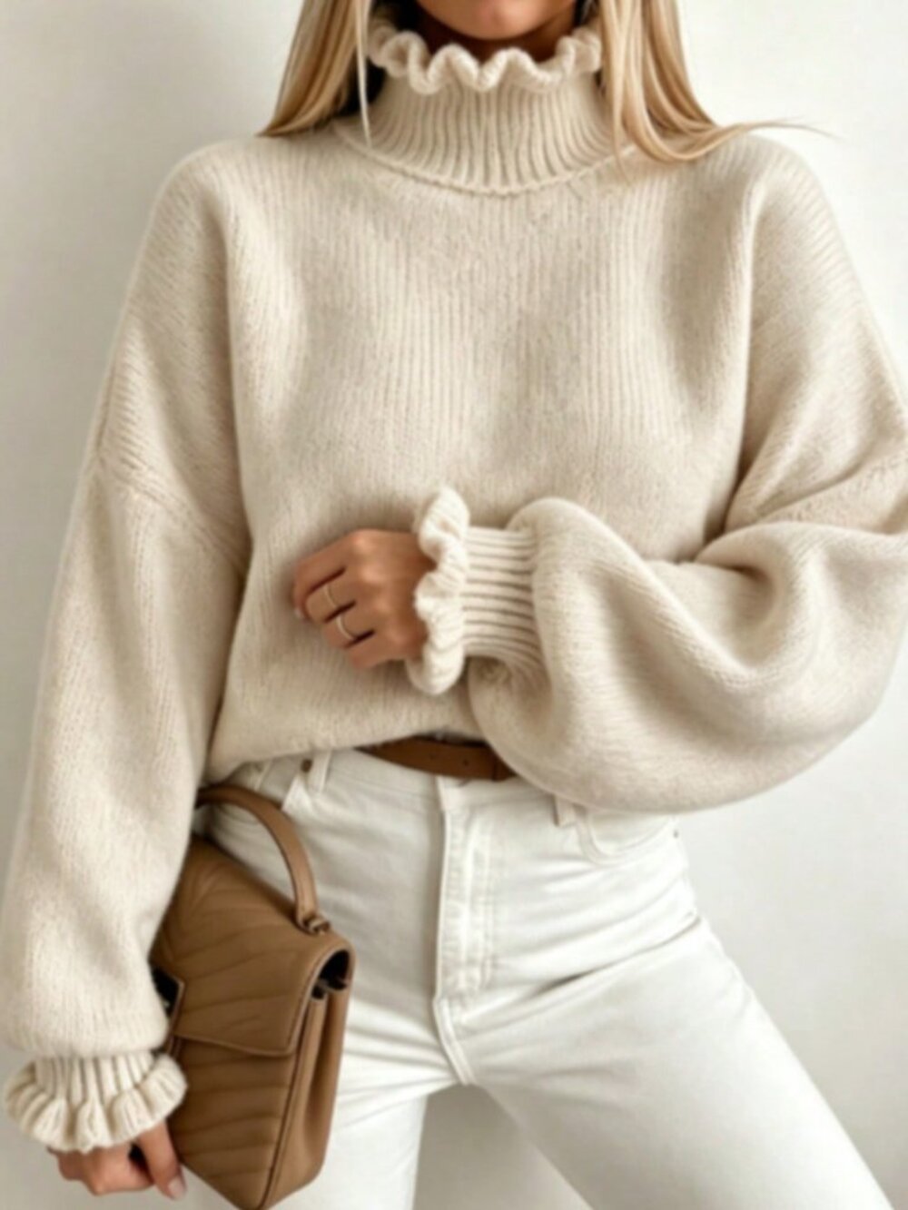 Apricot Casual Women's Ruffle Trim High Neck Loose Pullover Sweater